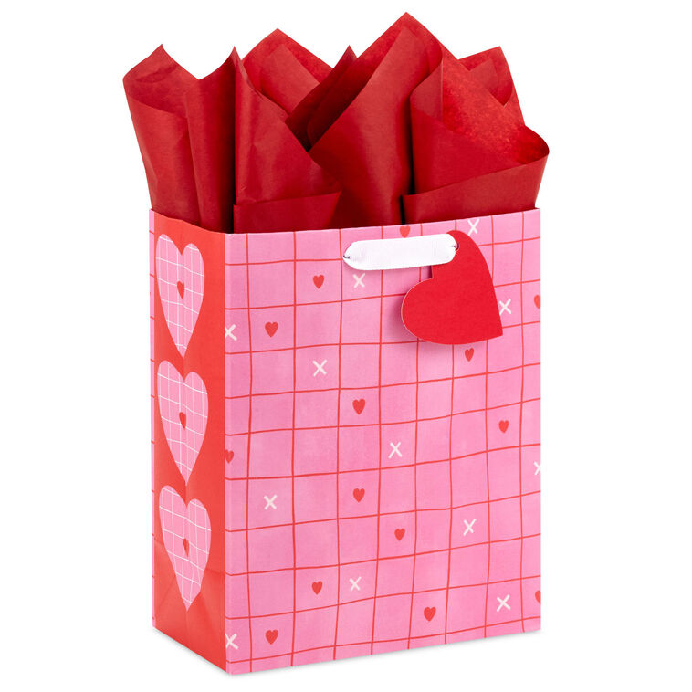 hallmark 9.6" Red Grid on Pink Medium Valentine's Day Gift Bag With Tissue Paper