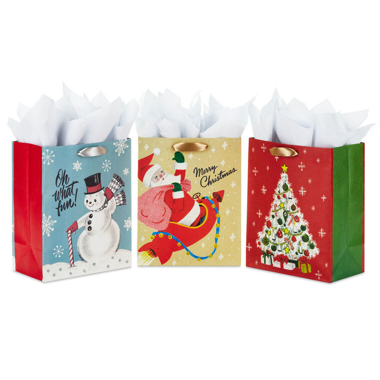 hallmark 9.6" Retro Fun 3-Pack Medium Christmas Gift Bags With Tissue Paper Assortment