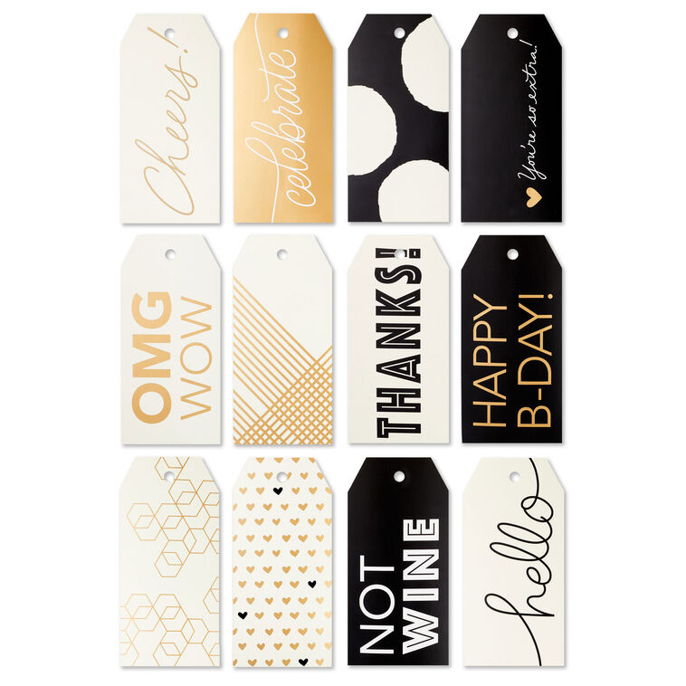 hallmark Assorted Black White and Gold 12-Pack Gift Tags