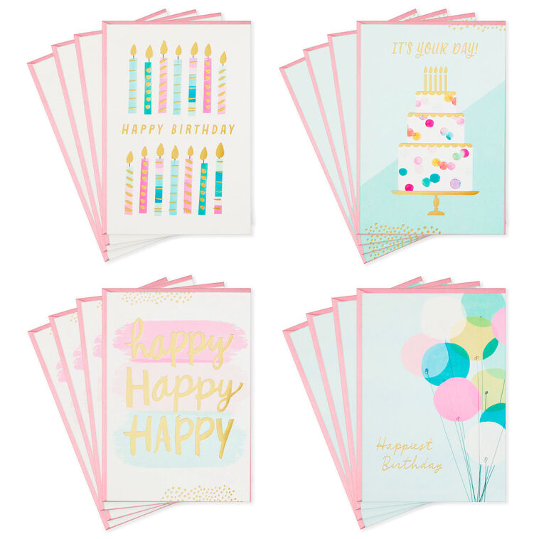 hallmark Assorted Pretty Pink and Aqua Boxed Birthday Cards Pack of 16