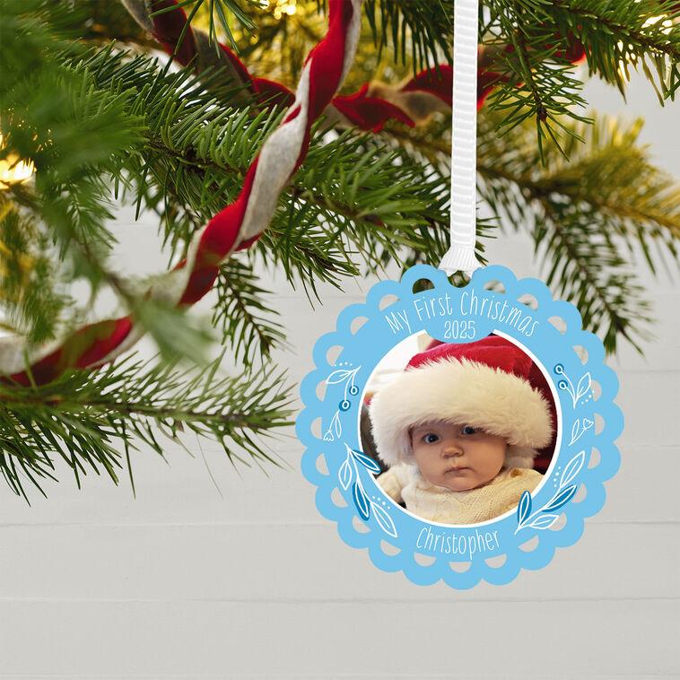 Hallmark Baby's First Christmas Blue Scalloped Metal Personalized Ornament Custom Photo And Text