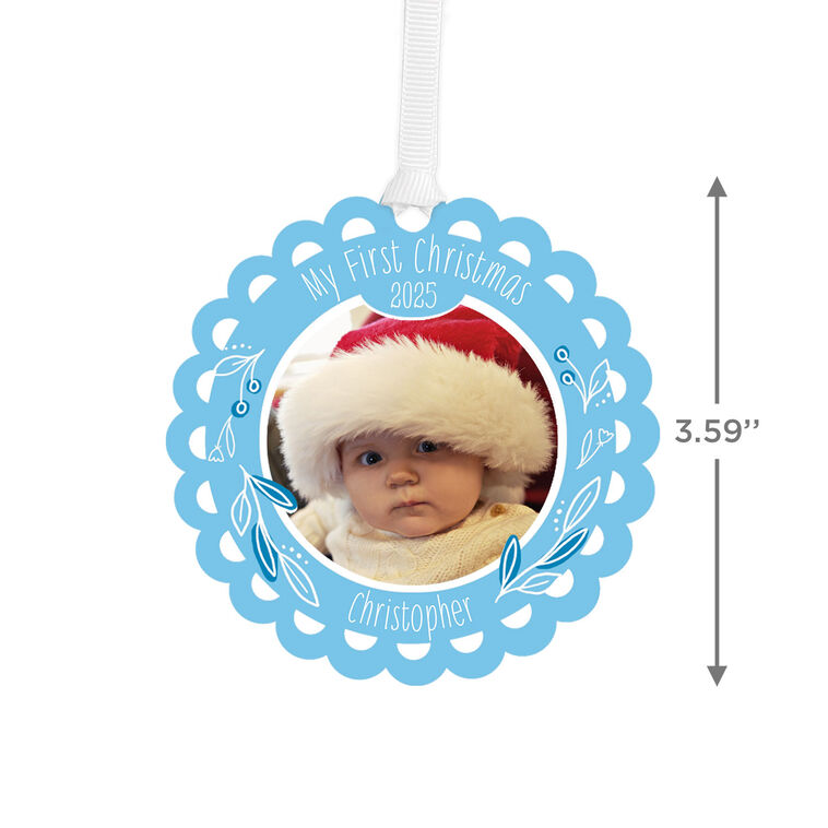 Hallmark Baby's First Christmas Blue Scalloped Metal Personalized Ornament Custom Photo And Text