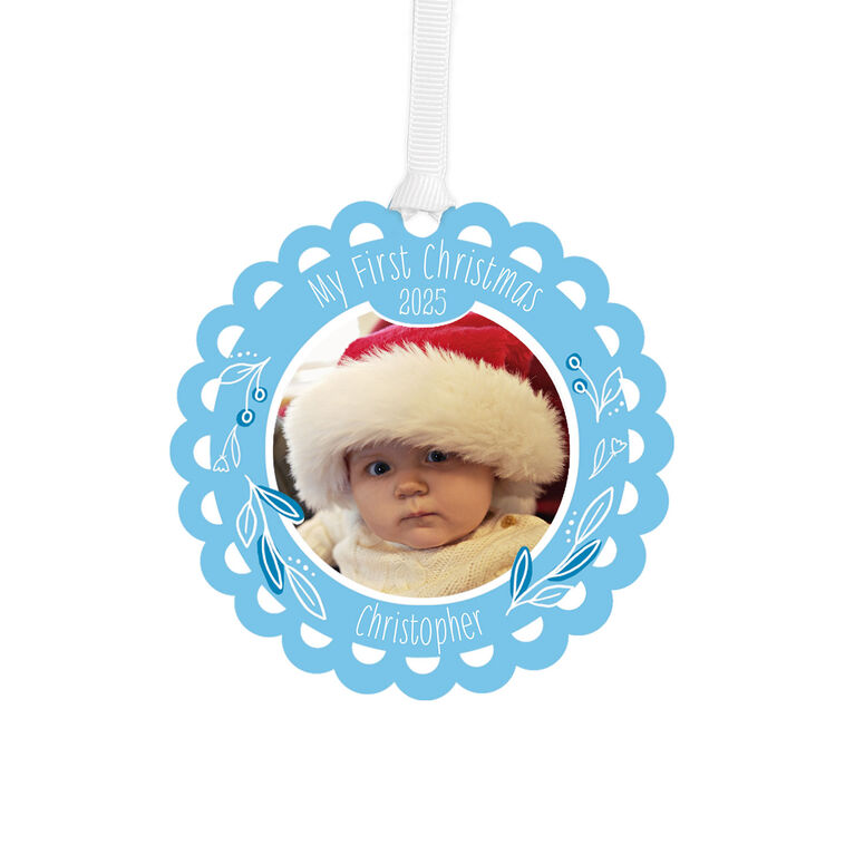 hallmark Baby's First Christmas Blue Scalloped Metal Personalized Ornament Custom Photo and Text