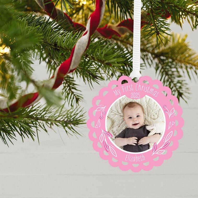 Hallmark Baby's First Christmas Pink Scalloped Metal Personalized Ornament Custom Photo And Text