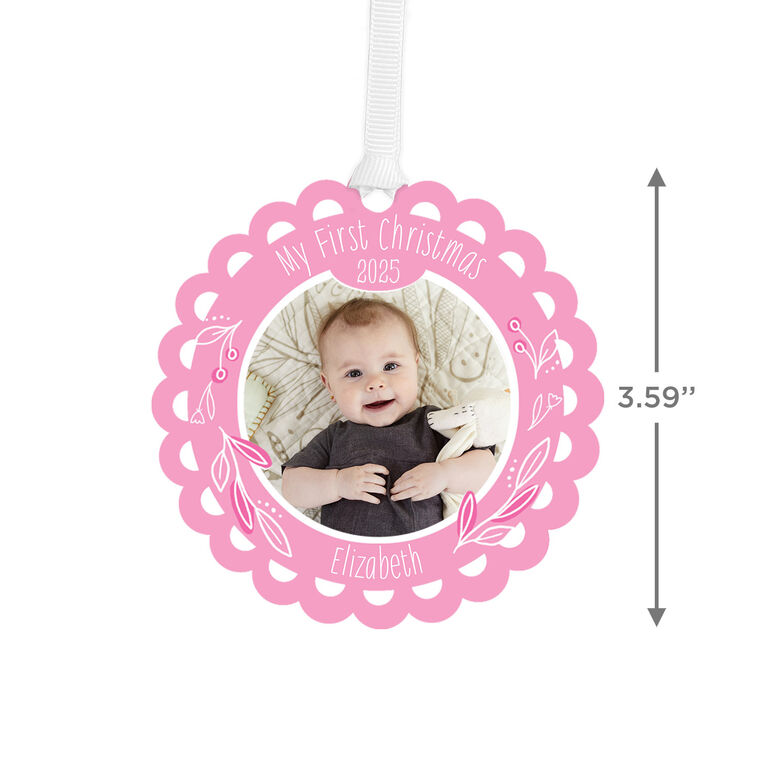 Hallmark Baby's First Christmas Pink Scalloped Metal Personalized Ornament Custom Photo And Text