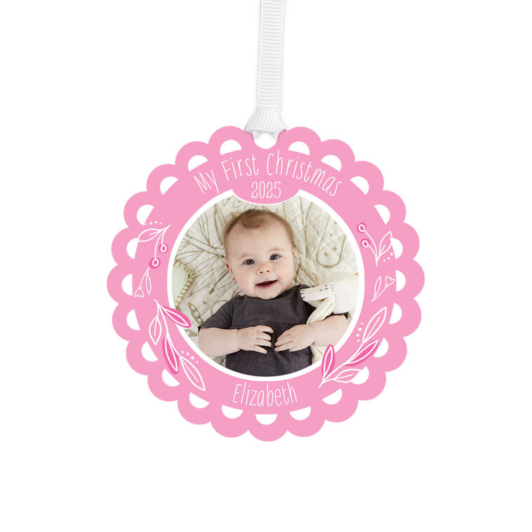 hallmark Baby's First Christmas Pink Scalloped Metal Personalized Ornament Custom Photo and Text