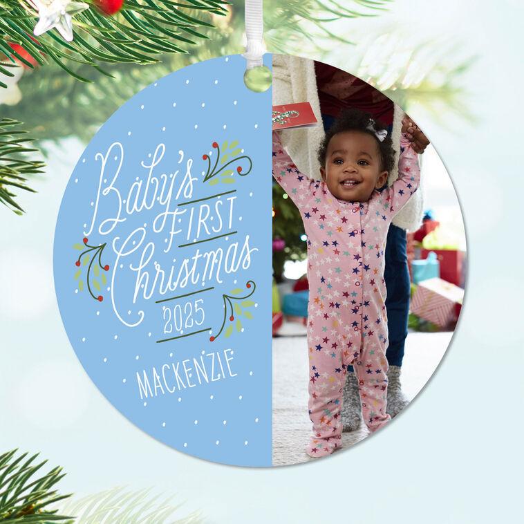 Hallmark Baby's First Christmas Round Metal Personalized Ornament Custom Vertical Photo And Text