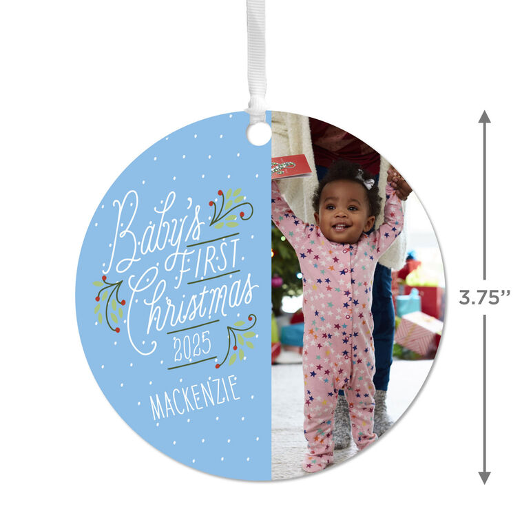Hallmark Baby's First Christmas Round Metal Personalized Ornament Custom Vertical Photo And Text