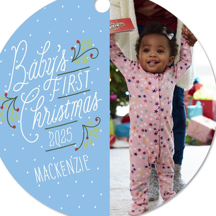 Hallmark Baby's First Christmas Round Metal Personalized Ornament Custom Vertical Photo And Text