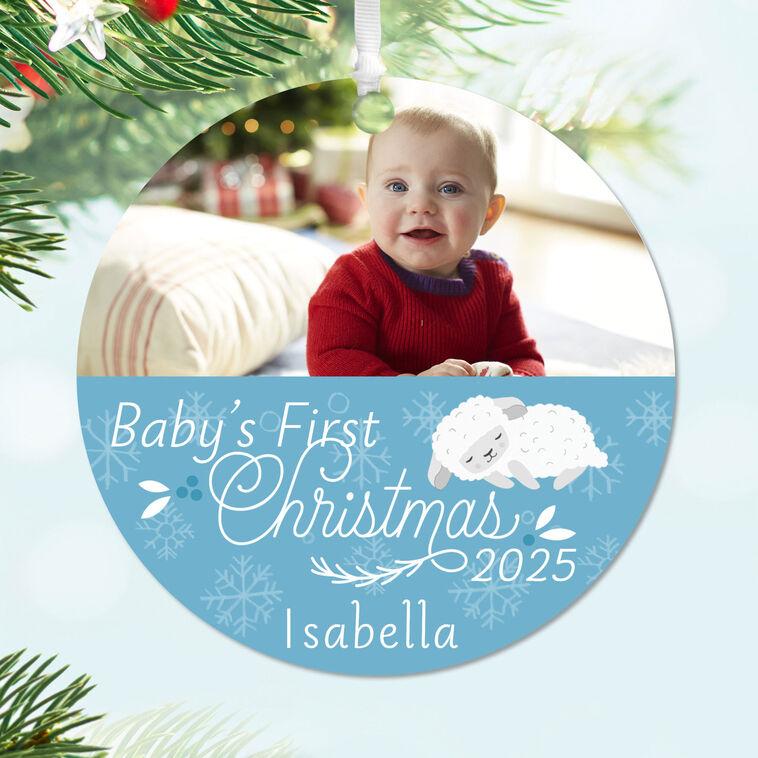 Hallmark Baby's First Christmas Round Metal Personalized Ornament Custom Horizontal Photo And Text