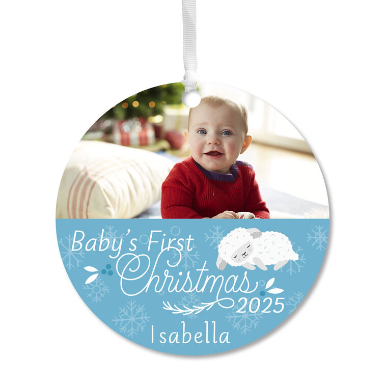 hallmark Baby's First Christmas Round Metal Personalized Ornament Custom Horizontal Photo and Text