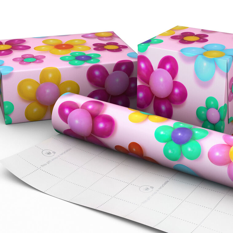 Hallmark Balloon Flowers On Pink Wrapping Paper 20 Sq. Ft