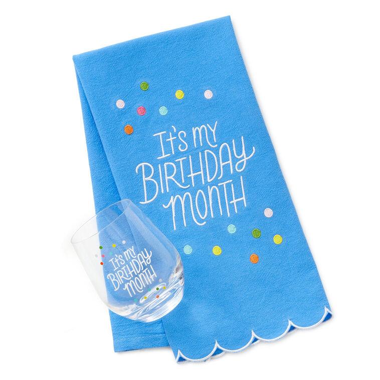hallmark Birthday Month Tea Towel and Wine Glass Bundle