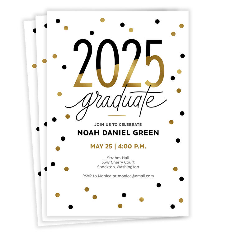 hallmark Black and Gold Polka Dots 2025 Graduation Invitation