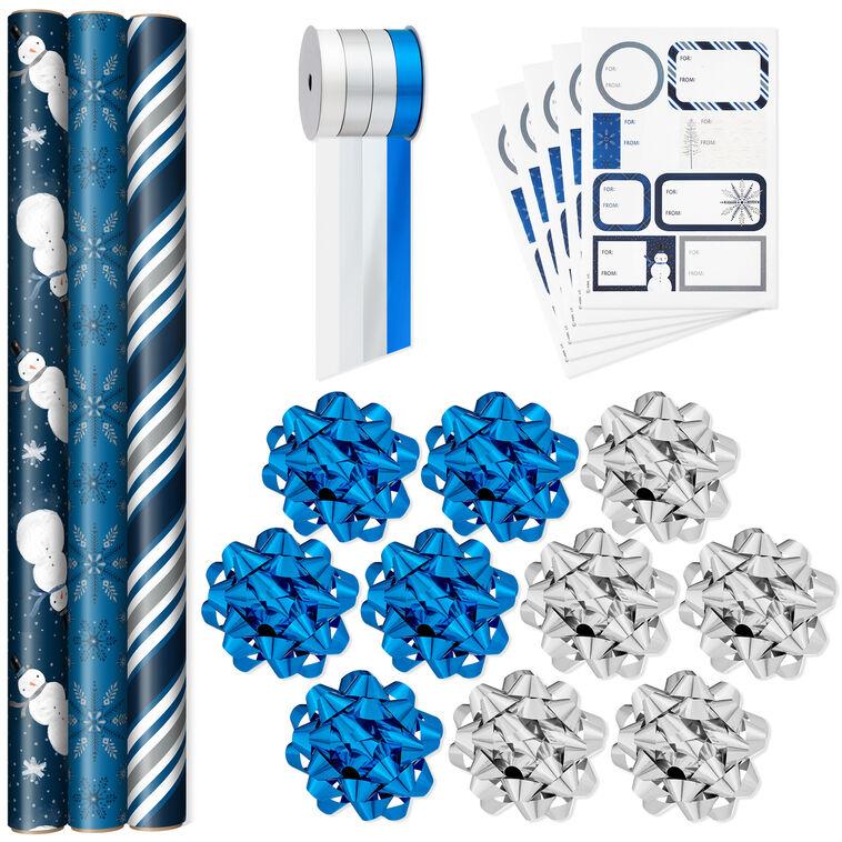 hallmark Blue and Silver Gift Wrap Kit With Holiday Wrapping Paper Bows Ribbons and Tags