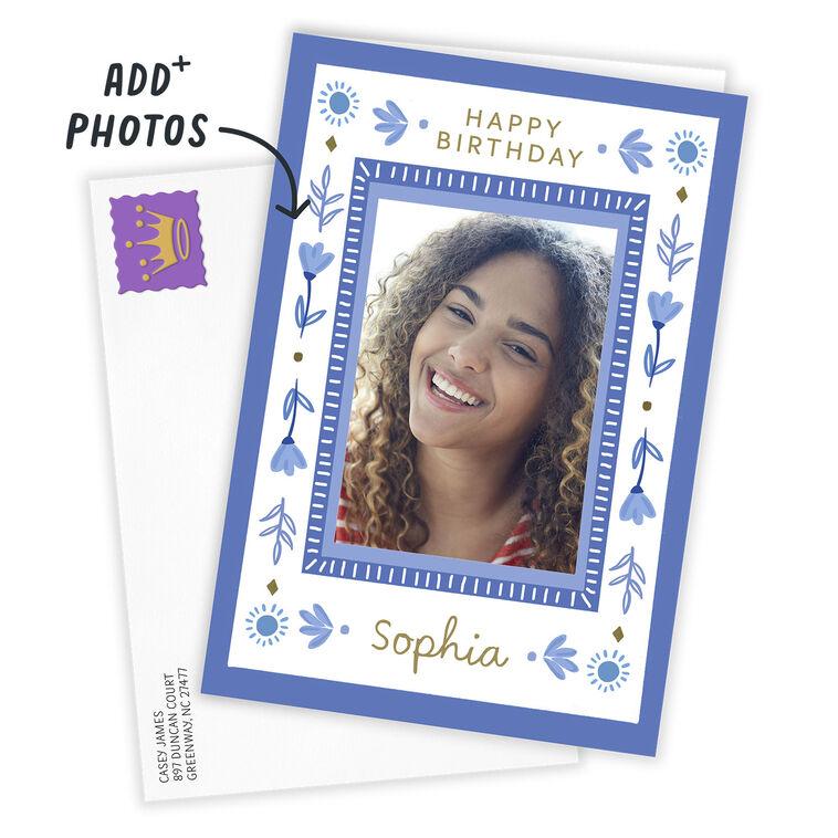 Hallmark Blue Folk Art Flowers Custom Birthday Card