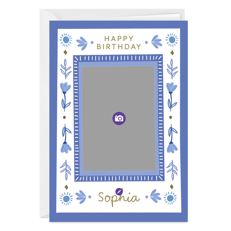 Hallmark Blue Folk Art Flowers Custom Birthday Card