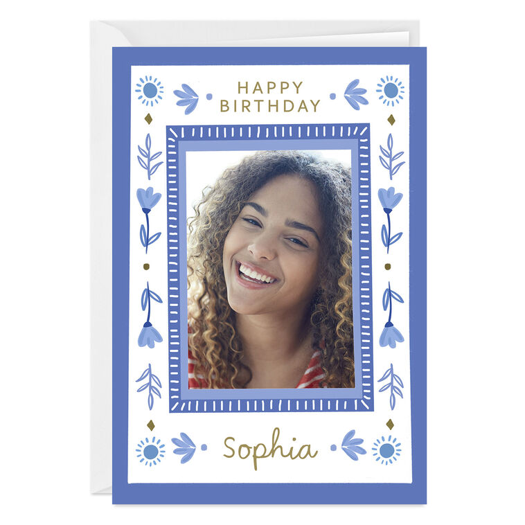 hallmark Blue Folk Art Flowers Custom Birthday Card