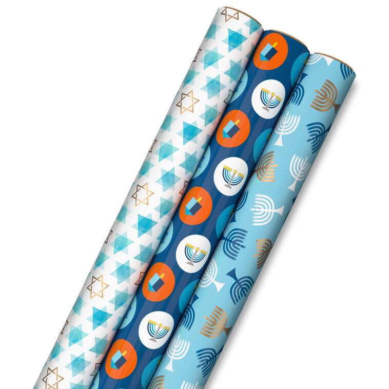 Hallmark Blue Hanukkah Designs 3-Pack Wrapping Paper Assortment 120 Sq. Ft