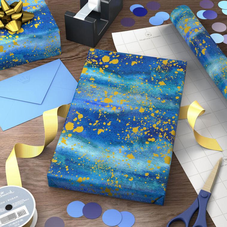 Hallmark Blue Watercolor With Gold Splatter Wrapping Paper 20 Sq. Ft