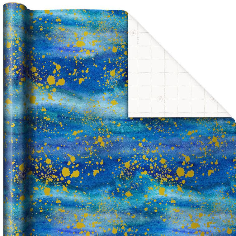 hallmark Blue Watercolor With Gold Splatter Wrapping Paper 20 sq. ft