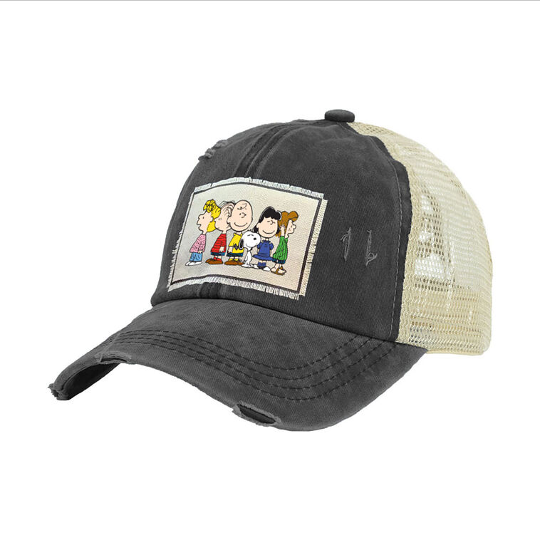 hallmark Brief Insanity Peanuts Gang Black Distressed Trucker Hat