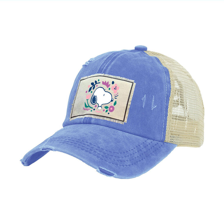 hallmark Brief Insanity Peanuts Snoopy With Flowers Blue Distressed Trucker Hat