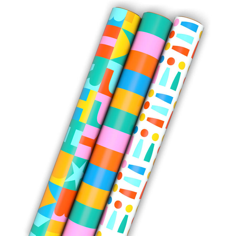 hallmark Bright and Bold 3-Pack Assorted Wrapping Paper Mini Roll Bundle 45 sq. ft. total