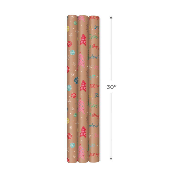 Hallmark Bright And Bold Kraft 3-Pack Christmas Wrapping Paper 90 Sq. Ft