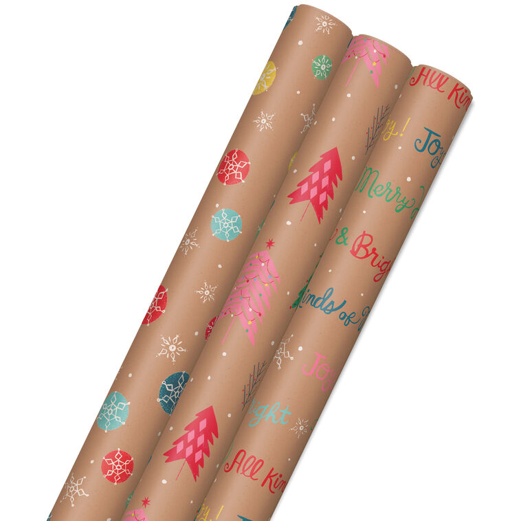 hallmark Bright and Bold Kraft 3-Pack Christmas Wrapping Paper 90 sq. ft
