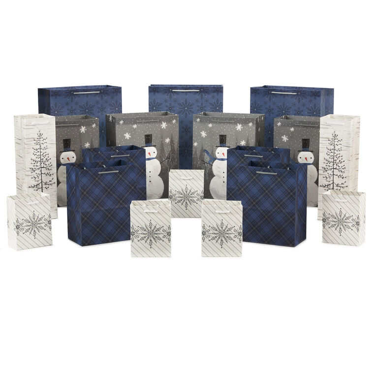 hallmark Bulk Blue and Gray 18-Pack Holiday Gift Bags Assorted Sizes and Designs