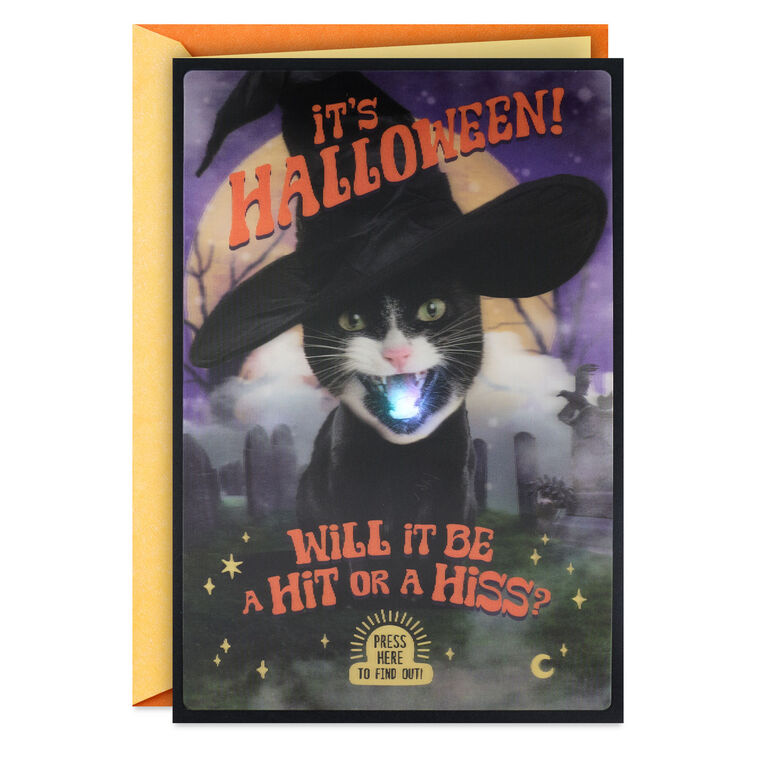 hallmark Cat in Witch's Hat Funny Holographic Halloween Card With Sound and Light