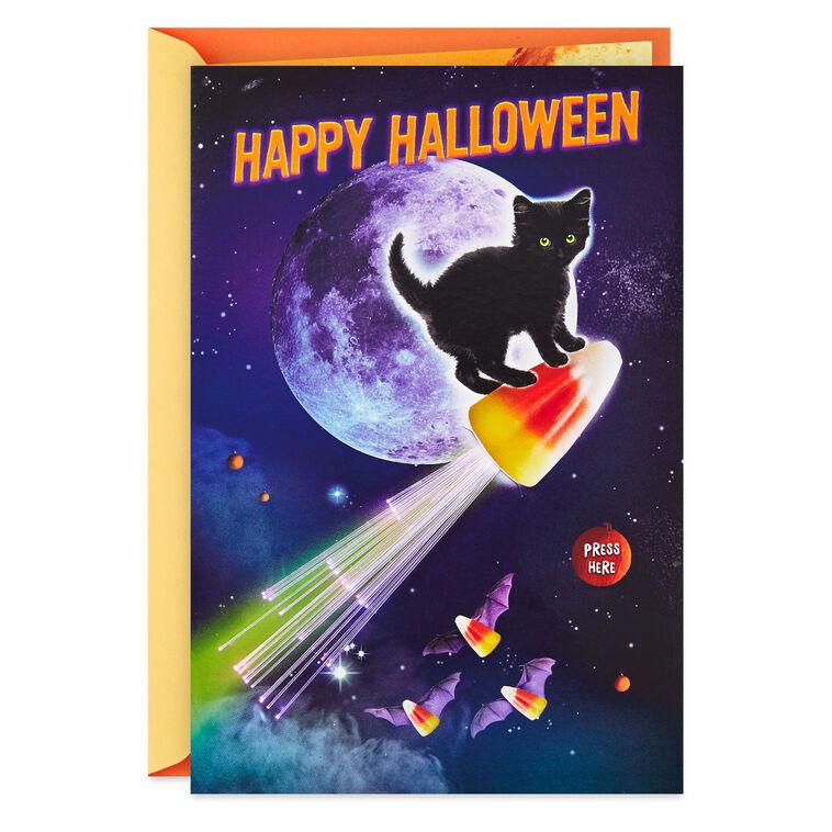 hallmark Cat on Light-Up Rocket Funny Musical Halloween Card
