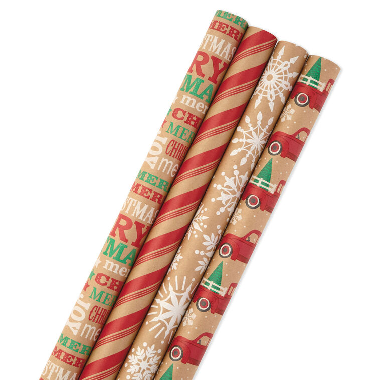 hallmark Classic Christmas 4-Pack Kraft Wrapping Paper Assortment 88 sq. ft