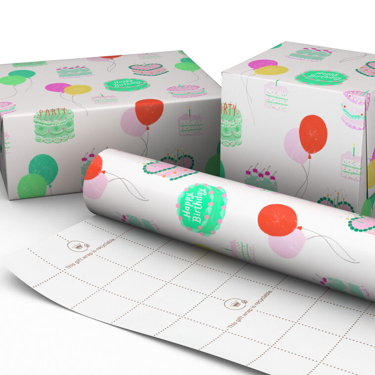 Hallmark Colorful Birthday Cakes On White Wrapping Paper Roll 20 Sq. Ft