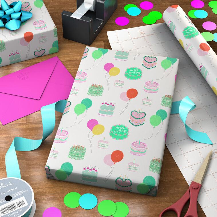 Hallmark Colorful Birthday Cakes On White Wrapping Paper Roll 20 Sq. Ft