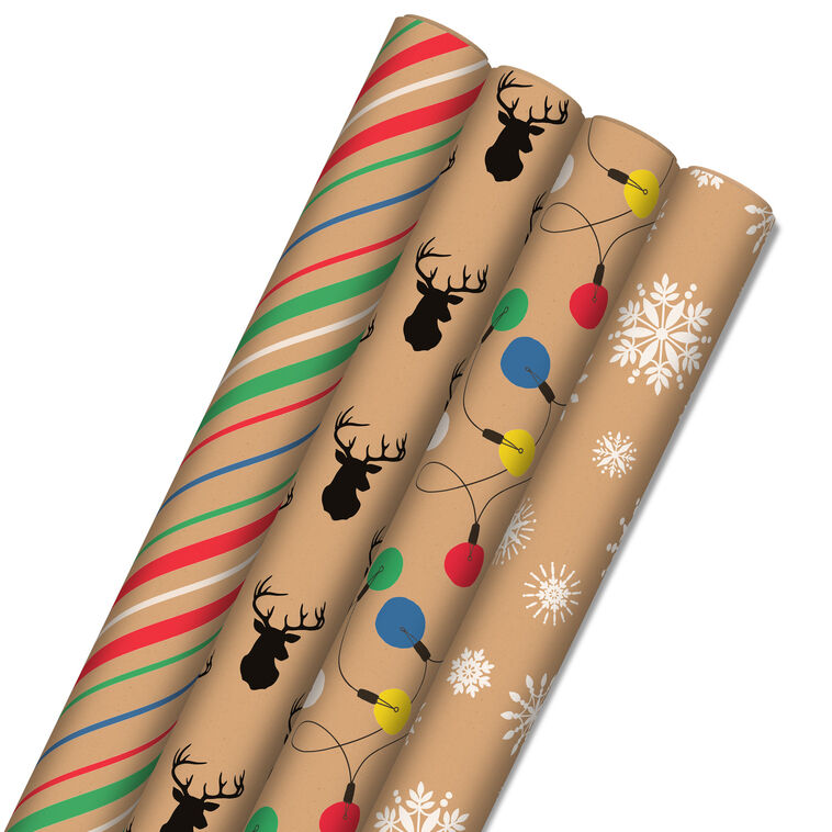 hallmark Colorful Christmas 4-Pack Kraft Wrapping Paper Assortment 88 sq. ft