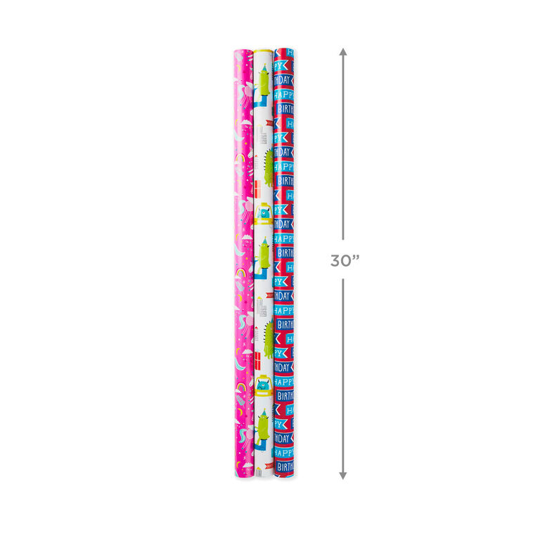 Hallmark Colorful Kid Birthday 3-Pack Reversible Wrapping Paper 120 Sq. Ft. Total