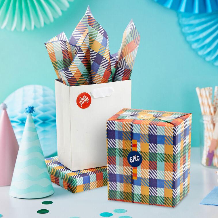 Hallmark Colorful Plaid Tissue Paper With Gift Tag Stickers 6 Sheets