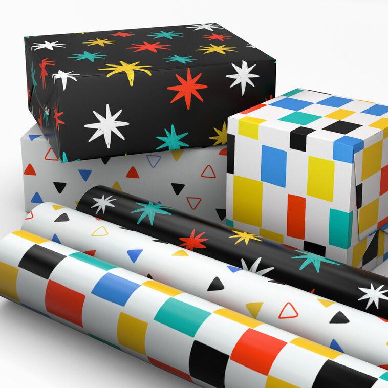 Hallmark Colorful Shapes 3-Pack Assorted Wrapping Paper Mini Roll Bundle 45 Sq. Ft. Total
