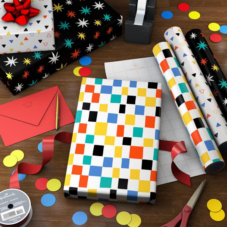 Hallmark Colorful Shapes 3-Pack Assorted Wrapping Paper Mini Roll Bundle 45 Sq. Ft. Total