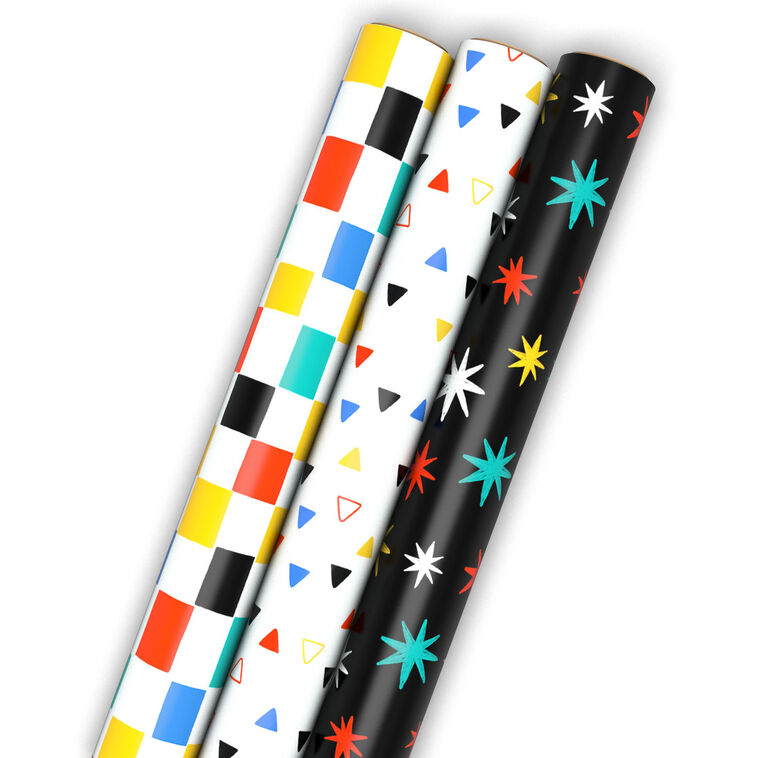 hallmark Colorful Shapes 3-Pack Assorted Wrapping Paper Mini Roll Bundle 45 sq. ft. total