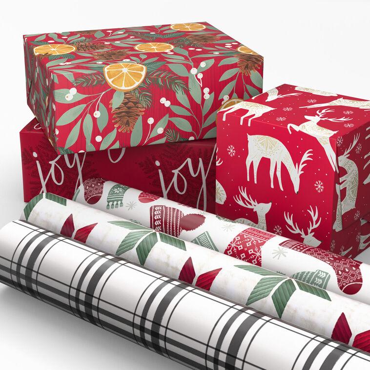 Hallmark Cozy Patterns 6-Pack Assorted Holiday Wrapping Paper Roll Bundle 150 Sq. Ft. Total