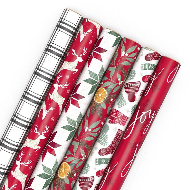 hallmark Cozy Patterns 6-Pack Assorted Holiday Wrapping Paper Roll Bundle 150 sq. ft. total