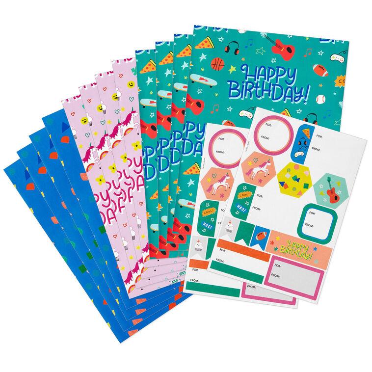 hallmark Cute and Colorful Birthday Flat Wrapping Paper Assortment With Gift Tags 12 sheets