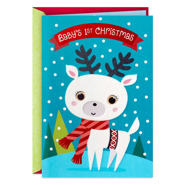 hallmark Cute White Deer in Scarf Baby's First Christmas Card