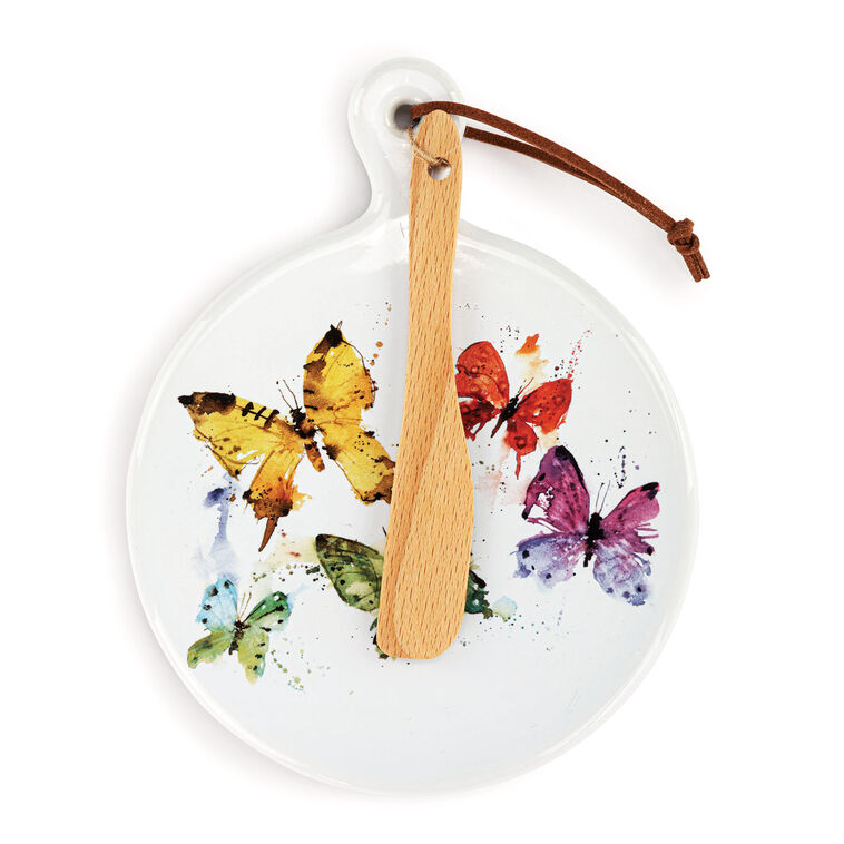 hallmark Demdaco Flock of Butterflies Mini Ceramic Serving Board With Spreader 6.5"