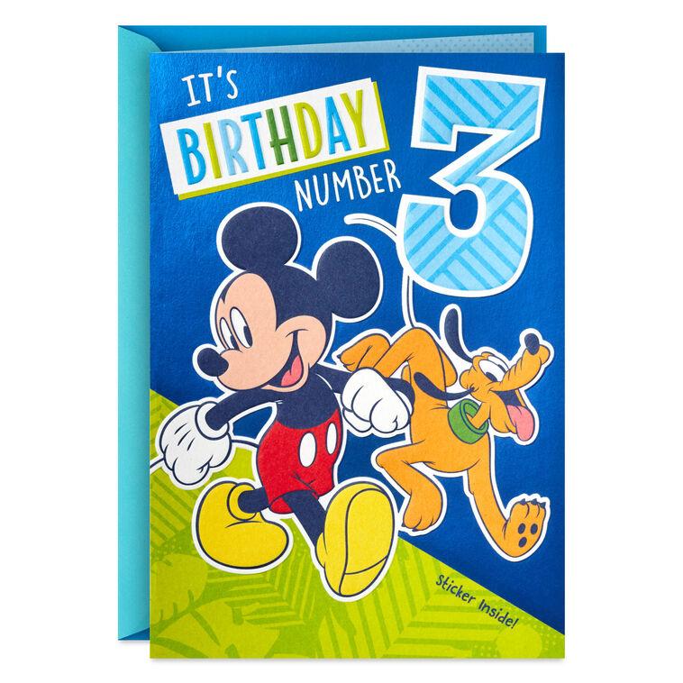 hallmark Disney Mickey Mouse and Pluto Third Birthday Card for Kid With Sticker