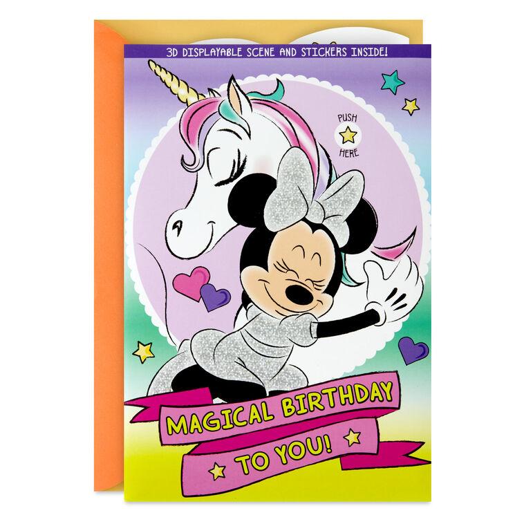 hallmark Disney Minnie Mouse and Unicorn Sweet Girl Musical Birthday Card With Stickers and 3D Play Scene