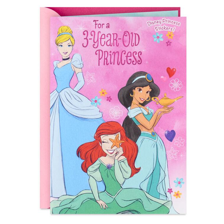 hallmark Disney Princesses Royal Hugs and Kisses 3rd Birthday Card for Girls With Stickers